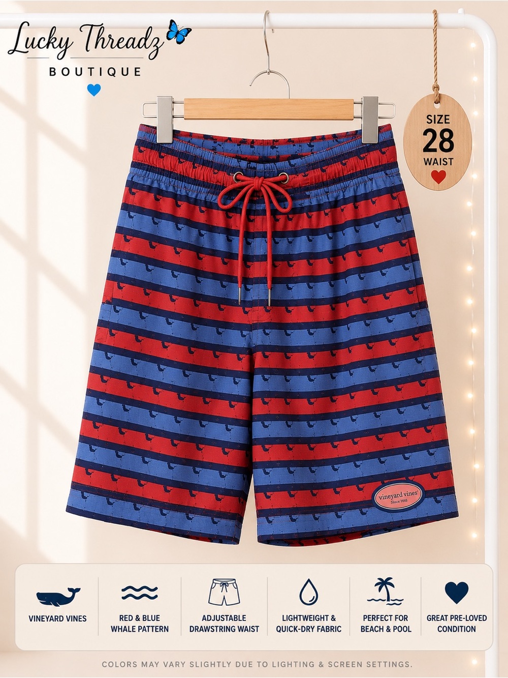 Vineyard Vines Blue and Red Whale-Stripe Swim Shorts Size 28